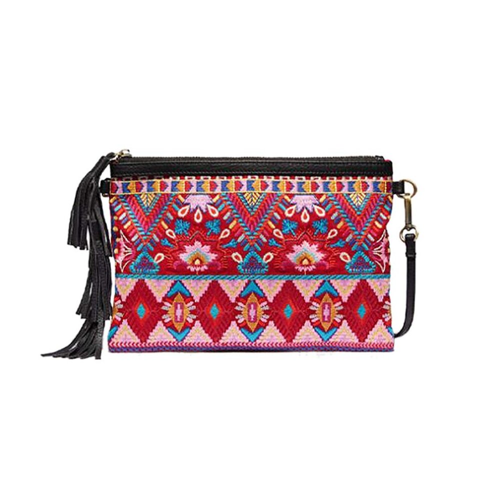 Johnny Was Laurell Fringe Floral Embroidery Bag Zip Handbag Black Pink Purse NEW